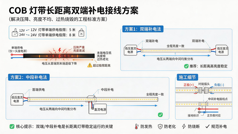 jimeng-2026-07-14-6229-COB 灯带长距离双端补电接线方案示意图,图片类型:工程接线原理示意图、2D 高... jimeng-2026-07-14-6229-COB 灯带长距离双端补电接线方案示意图,图片类型:工程接线原理示意图、2D 高...