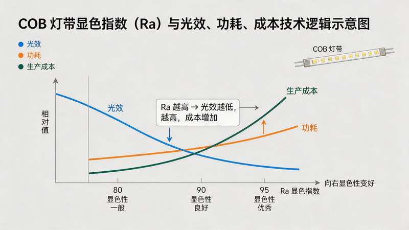 jimeng-2026-07-14-3853-产品技术逻辑示意图，COB 灯带显色指数 Ra 与光效、功耗、成本参数关联关系可...