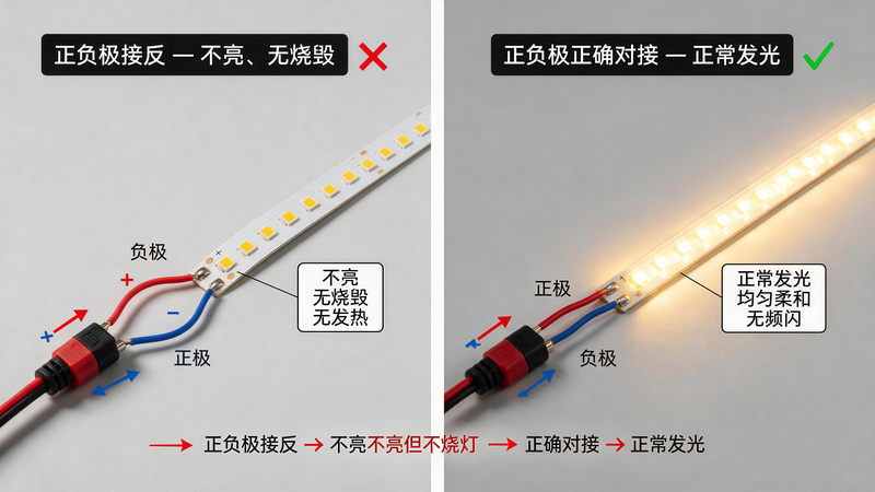jimeng-2026-07-14-4865-COB 灯带正负极接反故障对比图,图片类型:工程科普对比示意图 _ 高清实拍风,... jimeng-2026-07-14-4865-COB 灯带正负极接反故障对比图,图片类型:工程科普对比示意图 _ 高清实拍风,...