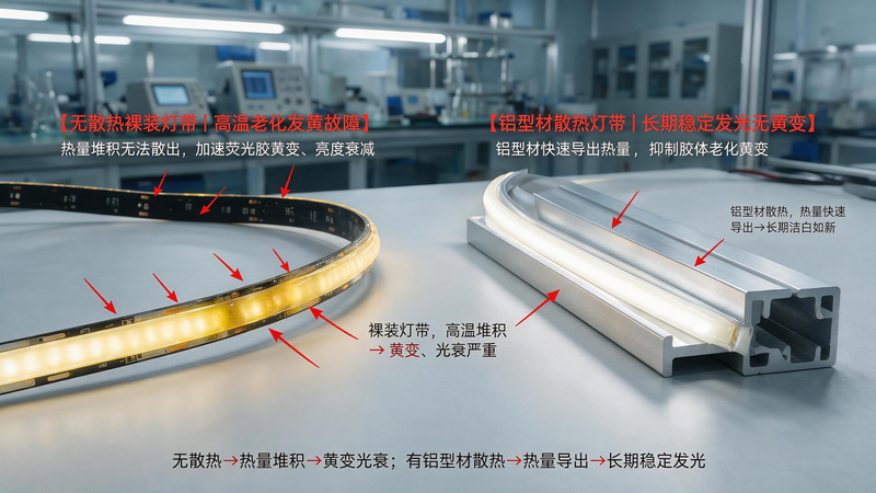 jimeng-2026-07-14-5131-超写实工业实验室实拍图，画面左右分区对照展示两段同型号柔性 COB 灯带，持续通...