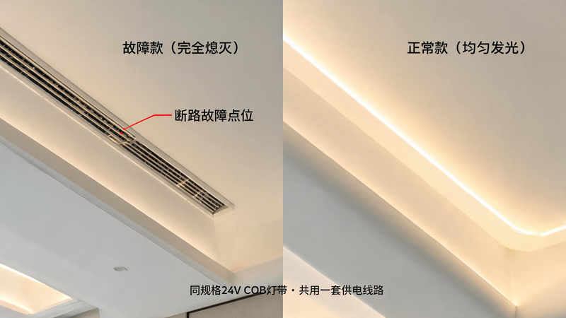 jimeng-2026-07-17-2828-二分屏cob灯带工程实景对比图，同一吊顶铝型材槽内并排安装两条同规格 24V C...