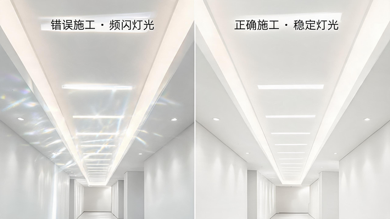 jimeng-2026-07-17-8249-高清写实室内吊顶灯光场景，画面中不出现灯带本体，只表现灯光效果。左右分屏对比，左...