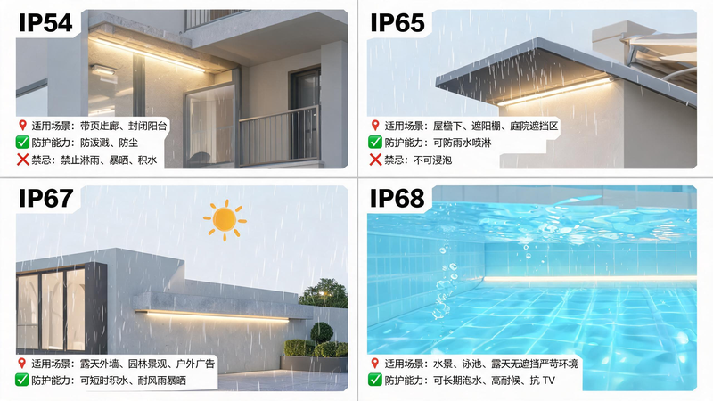 jimeng-2026-07-20-8520-图片标题：COB 灯带 IP54_IP65_IP67_IP68 防护等级对比示意...