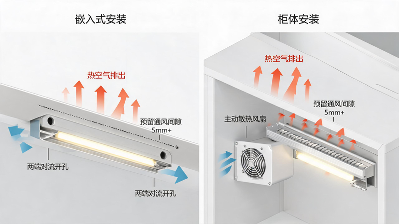 jimeng-2026-07-21-8137-工程标准示意图，左右对比展示两种灯带安装通风设计，左侧为嵌入式吊顶灯槽，COB ...