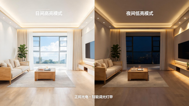 jimeng-2026-07-21-2982-右分屏调光对比，同一原木风客厅场景，左侧为日间高亮照明模式，光线通透清晰满足日常...