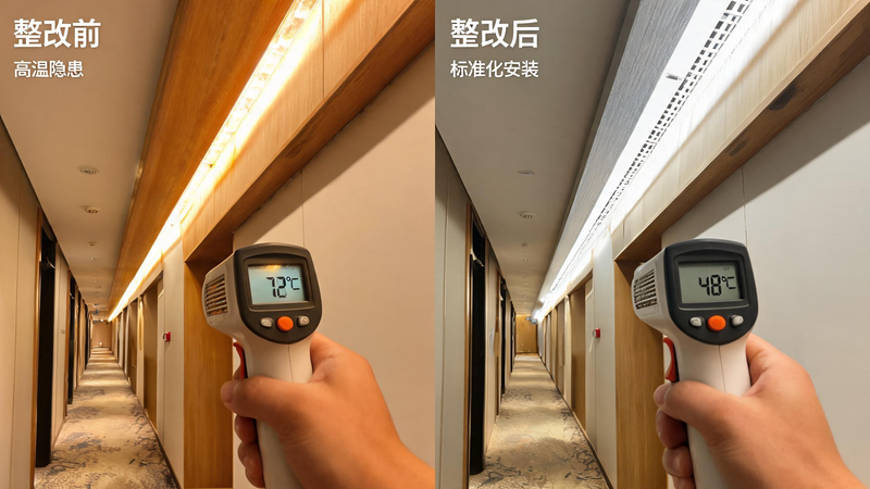jimeng-2026-07-21-1391-酒店走廊线性照明项目整改前后对比实拍图，左右分屏构图，左侧为整改前：COB 灯带...