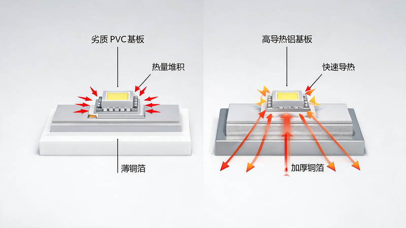 jimeng-2026-07-21-5671-半写实工程剖面结构图，左右对比展示两种 COB 灯带基材差异，左侧为劣质 PVC...