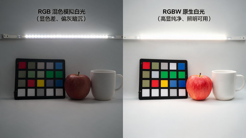 jimeng-2026-07-24-8450-配图名称:RGB 模拟白光 vs RGBW 原生白光显色效果对比图 画面构图:左... jimeng-2026-07-24-8450-配图名称:RGB 模拟白光 vs RGBW 原生白光显色效果对比图 画面构图:左...
