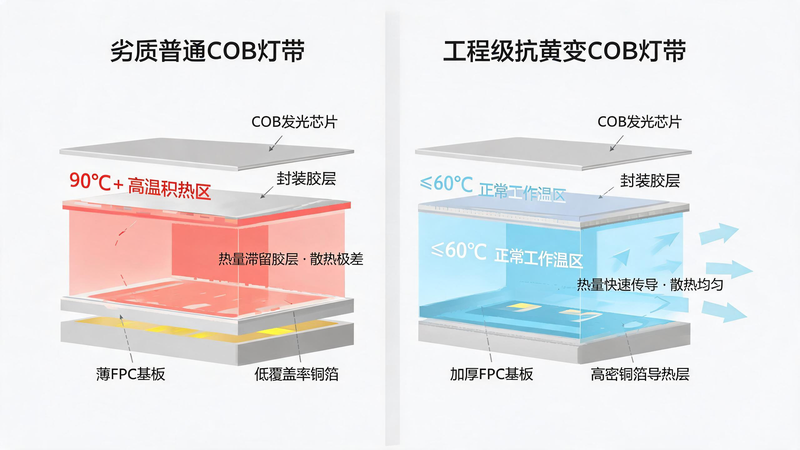 jimeng-2026-07-24-1670-图片主题:COB 灯带散热结构对比示意图(工程科普原理图) 画面构图:横向双栏对... jimeng-2026-07-24-1670-图片主题:COB 灯带散热结构对比示意图(工程科普原理图) 画面构图:横向双栏对...