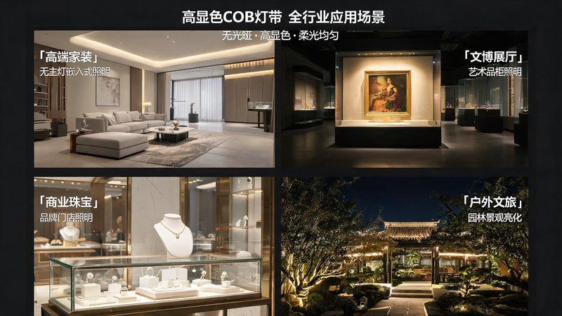 jimeng-2026-07-24-4447-图片主题:高显色 COB 灯带全行业应用场景汇总海报 画面构图:四宫格拼接全景图... jimeng-2026-07-24-4447-图片主题:高显色 COB 灯带全行业应用场景汇总海报 画面构图:四宫格拼接全景图...