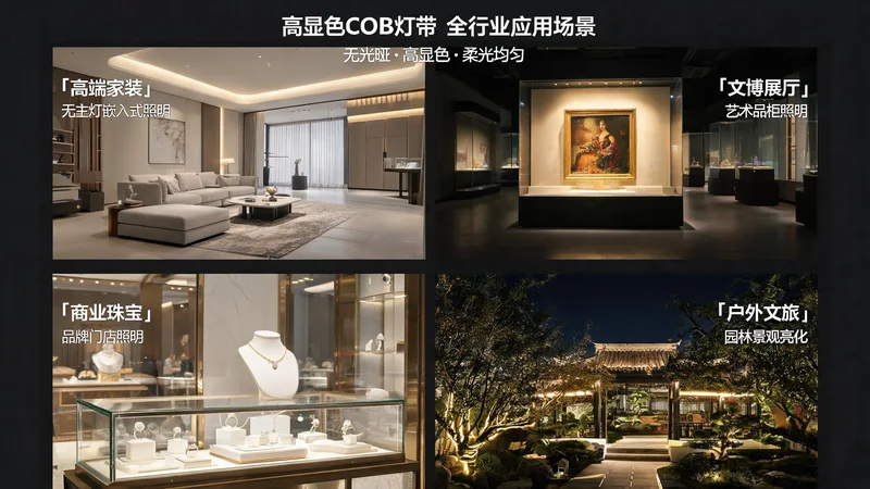 jimeng-2026-07-24-4447-图片主题:高显色 COB 灯带全行业应用场景汇总海报 画面构图:四宫格拼接全景图... jimeng-2026-07-24-4447-图片主题:高显色 COB 灯带全行业应用场景汇总海报 画面构图:四宫格拼接全景图...