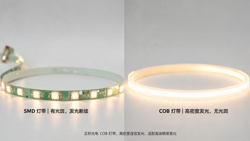 jimeng-2026-07-29-8447-配图主题:COB 灯带与普通 SMD 灯带外观、发光效果对比图 画面版式:左右分... jimeng-2026-07-29-8447-配图主题:COB 灯带与普通 SMD 灯带外观、发光效果对比图 画面版式:左右分...